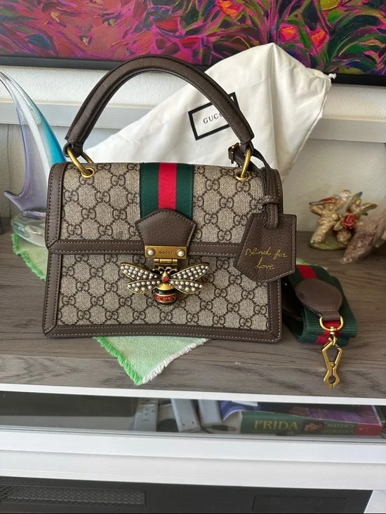 Gucci Beige GG Supreme Satchel with Brown Leather, Red-Green Web and Jeweled Bee - Picture 15 of 16
